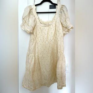 Cream Patterned Dress with Elastic Waist and Neck